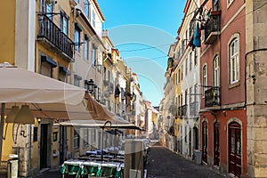 View to the Bairro Alto district in the historic center of Lisbon, traditional facades in the streets of the old town, Portugal photo