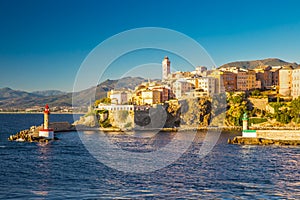 View to Bastia old city center, lighthouse and harbour