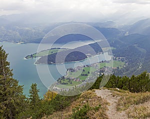 View to bavarian lake walchensee from herzogstand mountain