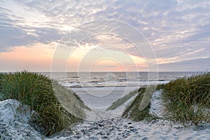 View to beautiful landscape with beach and sand dunes near Henne Strand, North sea coast landscape Jutland Denmark