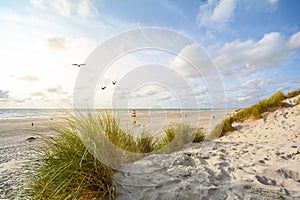 View to beautiful landscape with beach and sand dunes near Henne Strand, North sea coast landscape Jutland Denmark