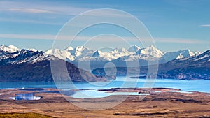 view to beautiful valley with turquoise lakes with snow-capped mountains in Patagonia