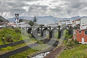 View to the bridge and church tower, Ribeira Grande, Sao Miguel island, Azores, Portugal