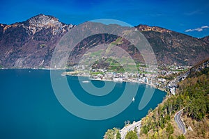 View to Brunnen town, Swiss Alps and Lucerne lake from Morschach, Switzerland