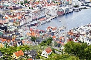 View to the buildings of Bergen from Floyen hill in Bergen, Norway.