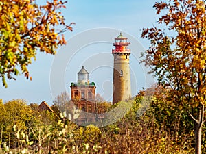 View to Cape Arkona lighthouse at Baltic Sea on Rugen Island, Germany