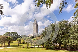 view to capitol tower of Louisiana from Lousiana Veterans memorial park in Baton Rouge, Louisiana