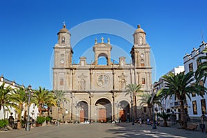 View to the cathedral of Santa Ana in Las Palmas with people around, on a sunny day