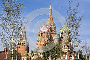 View to Cathedral of Vasily the Blessed and Spasskaya Tower on the background, Moscow Kremlin