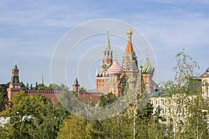 View to Cathedral of Vasily the Blessed and Spasskaya Tower on the background, Moscow Kremlin, Russia