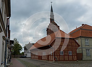 View to the church called Johanniskirche in the city Doemitz