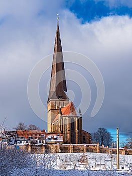 View to the church Petrikirche in Rostock, Germany