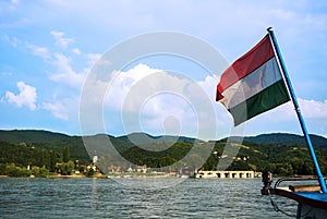 A view to a church at Visegrad, a small town at Hungary near Budapest from a ship at Danube