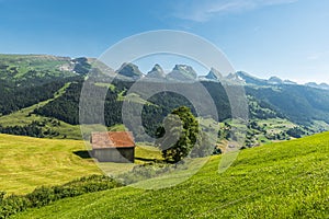 View to the Churfirsten mountains in the Swiss Alps, Toggenburg, Switzerland