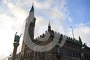 View to City Hall building and Lur Blower Column in Copenhagen, Denmark. February 2020