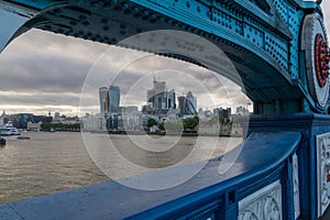 View to City of London from Tower Bridge on a cloudy evening