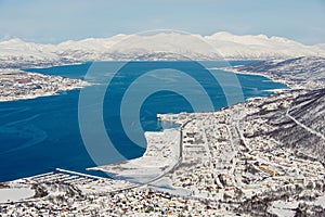 View to the city of Tromso, 350 kilometers north of the Arctic Circle, Norway.