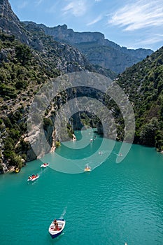 View to the cliffy rocks of Verdon Gorge at lake of Sainte Croix, Provence, France, near Moustiers Sainte Marie