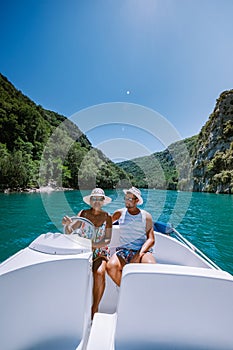 View to the cliffy rocks of Verdon Gorge at lake of Sainte Croix, Provence, France, near Moustiers Sainte Marie