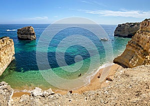 View to coastline with beautiful and sunny portuguese beach Praia da Marinha near Lagoa in summer, Algarve Portugal