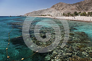 View to the coral reef and the beach in the Gulf of Eilat