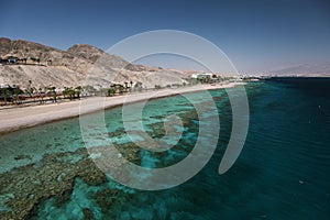 View to the coral reef and the beach in the Gulf of Eilat