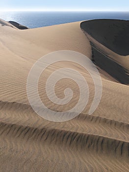 View to dark brown sand dune formations