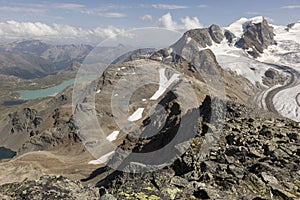 View to Diavolezza with mountains and glaciers, Engadin