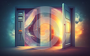 View through to the door onto fantasy planet somewhere in the universe. Generative Al Illustration