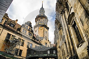 View to Dresden Cathedral of Holy Trinity Hofkirche and Castle Hausmannsturm in Dresden, Germany. November 2019