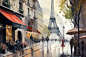view to the eiffel tower from pedestrian street in Paris. oil painting