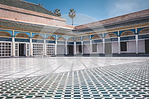 View to empty Courtyard and colorful traditional arabic patio at El Bahia Palace, Marrakech, Morocco. Travel concept