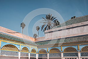 View to empty Courtyard and colorful traditional arabic patio at El Bahia Palace, Marrakech, Morocco. Travel concept