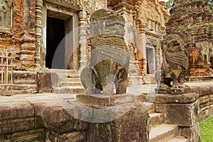 View to the entrance to the ruins of the Preah Ko Temple in Siem Reap, Cambodia.