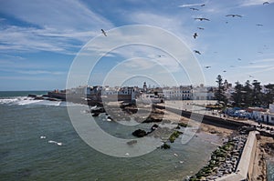 View to Essaouira old city rampant and ocean from Scala du Port