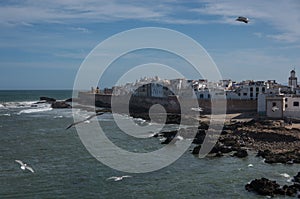 View to Essaouira old city rampant and ocean from Scala du Port