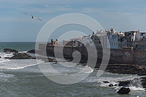 View to Essaouira old city rampant and ocean from Scala du Port