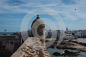 View to Essaouira old city rampant and ocean from Scala du Port