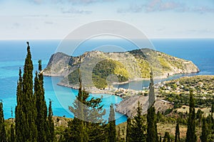 View to famous Assos village and venetian fortress, beautiful seashore scenery, Kefalonia island, Greece wonder miracle of nature