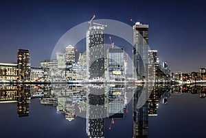 View to the financial district of London, Canary Wharf, by night