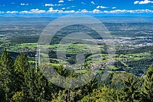 View to Freiburg im Breisgau and Kaiserstuhl mountain from the top of the Schauinsland mountain 1,284 m in the Black Forest