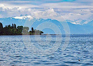 View to the Geneva Lake and the Montblanc in Lausanne Switzerland