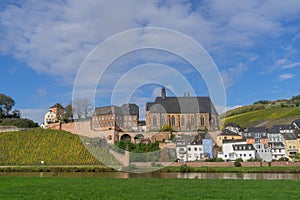 View to the german city called Saarburg with church St. Laurentius