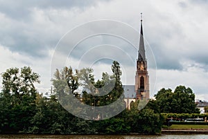 A view to a gothic church near the river at Frankfurt.