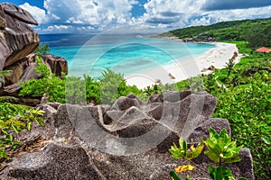 View to Grand Anse beach from stone above. La Digue island, Seychelles