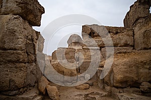 View to Great Sphinx through Temple of the Sphinx. Platou Giza, Egypt