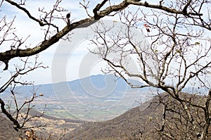 View to the green valley, dry forest hills and mountains at the