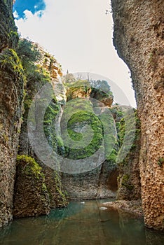 A view to Guadalevin river at El Tajo Gorge Canyon from the bottom of the secret water mine in Ronda, one of the most famous whit