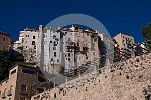 View to hanging houses of Cuenca old town. Example of a medieva