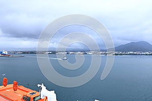 A view to the harbor of Olbia from the sea on a cloudy day, Sardinia, Italy